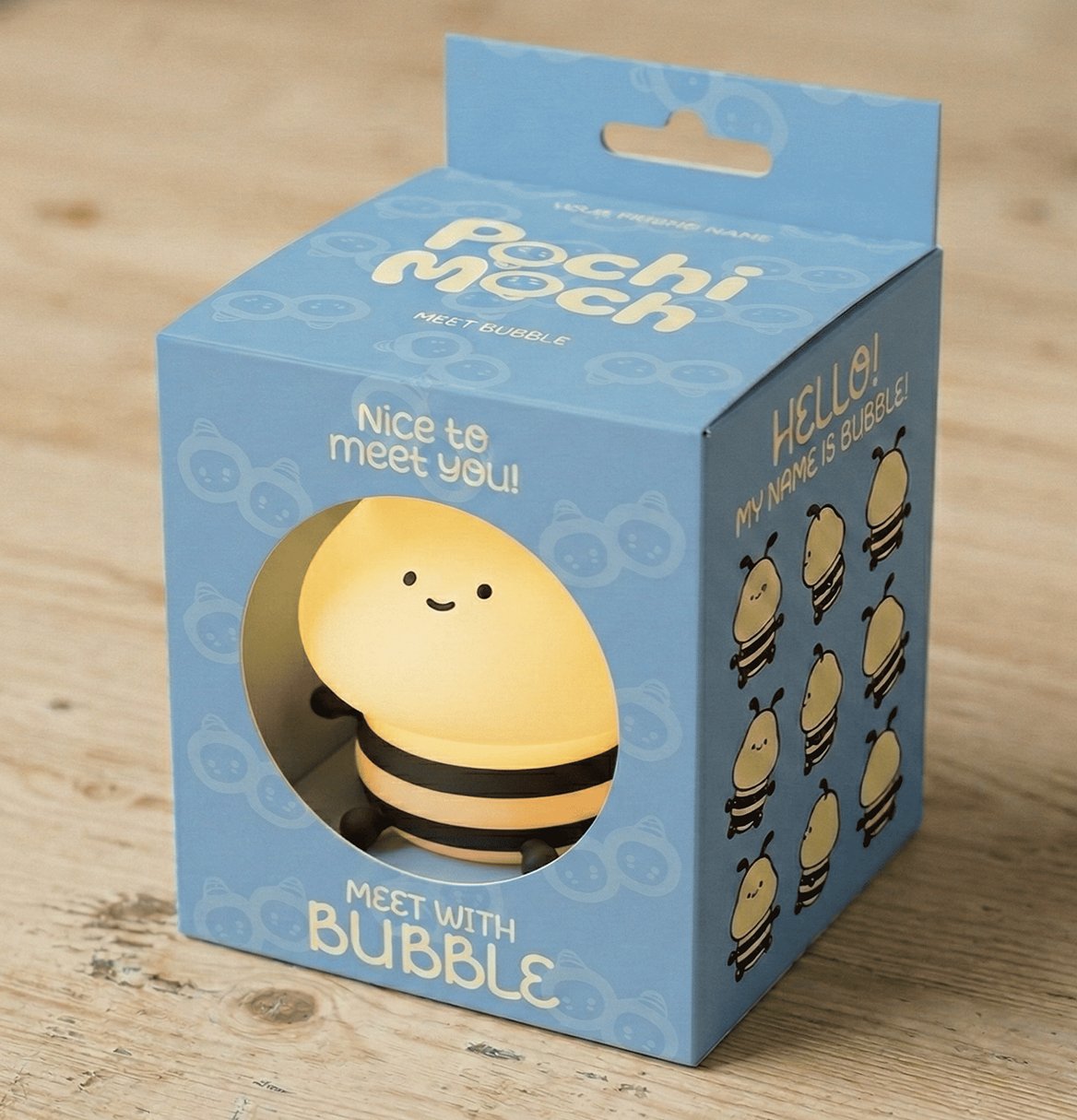 Pochi Mochi product packaging mockup in a playful brand system